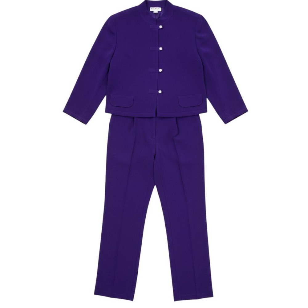 Vintage Shomi 2 Piece Silk Pant Suit Set Royal Purple Jeweled Button Size 14